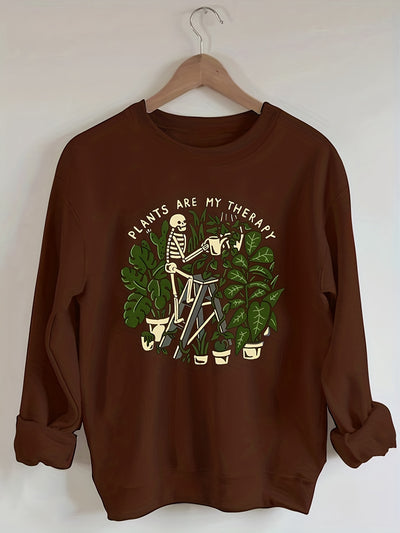 Stylish and Spooky: Women's Plus Size Halloween Casual Sweatshirt with Skull Plants Slogan Print