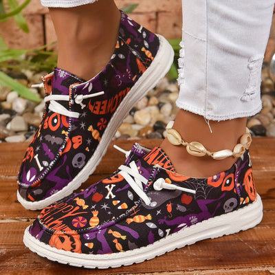 Halloween Pumpkin & Bat Print Women's Canvas Shoes, Casual Lace Up Outdoor Shoes, Lightweight Low Top Halloween Shoes