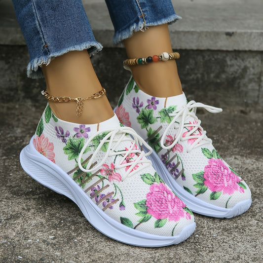 Floral Elegance: Women's Fashion Lace-Up Sneakers with Breathable Knitted Trainers