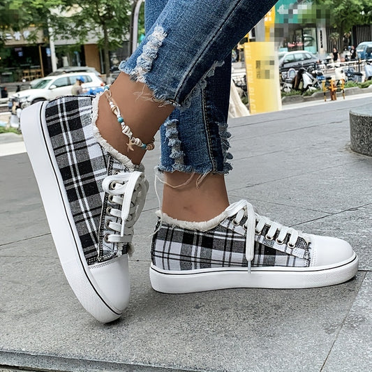 Lightweight and Stylish: Women's Plaid Canvas Sneakers with Raw Trim - Casual and Comfortable Low-Top Flat Shoes for Everyday Wear