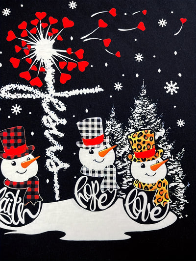 Stylish Plus-Size Christmas T-Shirt: Women's Plaid Snowman Cross Dandelion Print Raglan Sleeve Round Neck Medium Stretch Top