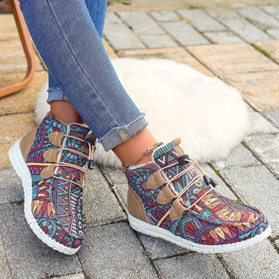 Cozy and Stylish: Women's Ethnic Geometric Pattern Slip-On Thermal Lined Flat Fuzzy Shoes for Winter