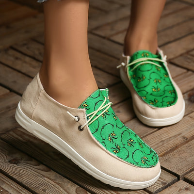 Playful Prints: Women's Cartoon-Printed Flat Loafers - Colorblock Lace-Up Slip-On Shoes for Fashionable Footwear