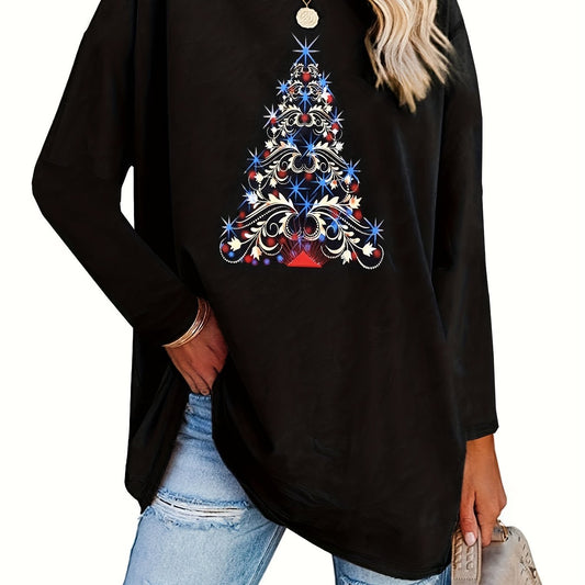 Stylish Christmas Comfort: Women's Plus Size Tree Print Long Sleeve Tshirt with Medium Stretch