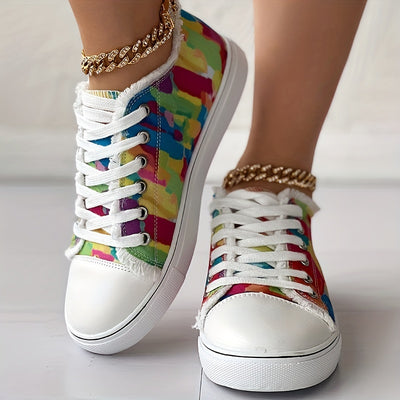 Women's Canvas Sneakers with Colorful Pattern, Fashion Lace Up Low Top Walking Shoes, Comfortable and Versatile Walking Shoes