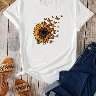 Sunflower Pattern Crew Neck T-shirt, Casual Loose Short Sleeve Fashion Summer T-Shirts Tops, Women's Clothing