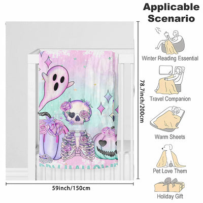 Cozy and Cute: Halloween Flannel Blanket with Cartoon Skull, Pumpkin, and Ghost Prints - Perfect for Home Decor and Gifting