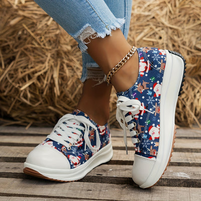 Christmas Style Lace-Up Sneakers: Festive Santa Claus Pattern for Women