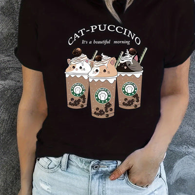 Adorable Feline Delight: Sweet Cat Drinking Print T-Shirt - A Cute and Comfy Addition to Women's Clothing Collection