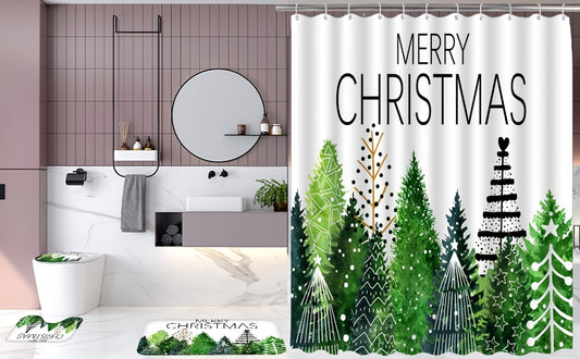 Add a touch of holiday cheer to your bathroom with this Festive Green Christmas Tree Shower Curtain Set. The polyester material and reinforced metal eyelets bring a winter wonderland to your home with its realistic design. A perfect way to create a festive atmosphere in any bathroom.