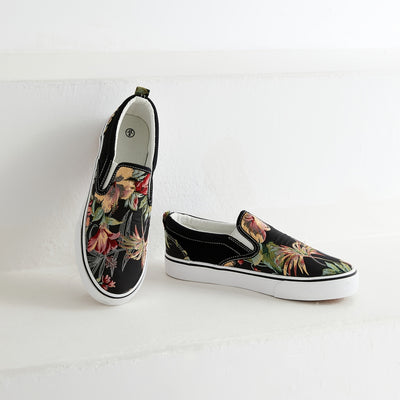 Comfortable Women's Floral Pattern Canvas Slip-On Shoes with Round Toe - Lightweight Low Top Sneakers