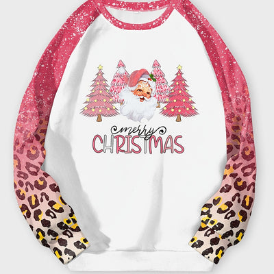 Plus Size Christmas Cute Sweatshirt: Women's Festive Santa Claus and Leopard Print Pullover