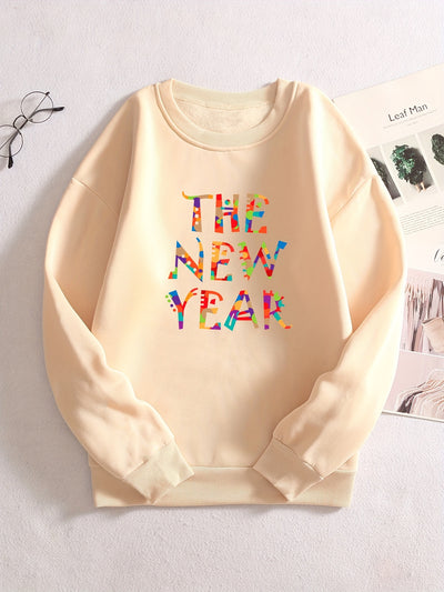 The New Year Print Long Sleeve Sweatshirt, Crew Neck Pullover Tops For Winter, Women's Clothing