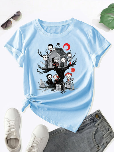 Stylish and Comfortable Cartoon Graphic Pattern Crew Neck T-shirt for Women: Perfect Spring/Summer Addition to Your Wardrobe