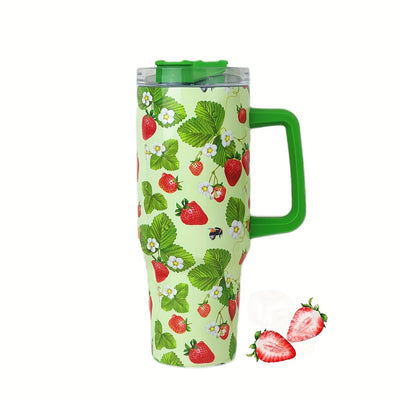 40oz Stainless Steel Strawberry Tumbler with Lid and Straw - Perfect for Summer Drinks and Birthday Gifts