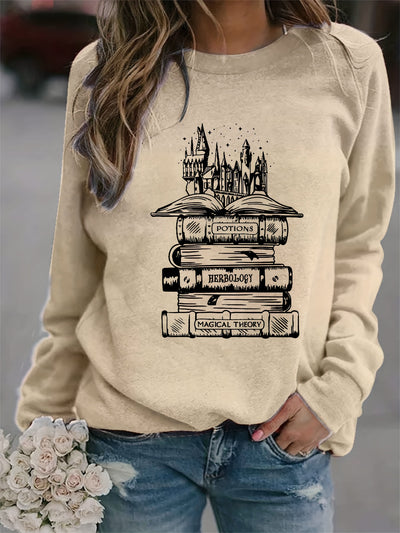 Book Castle Pattern Sweatshirt: Embrace Casual Comfort with this Women's Long Sleeve Crew Neck Sweatshirt