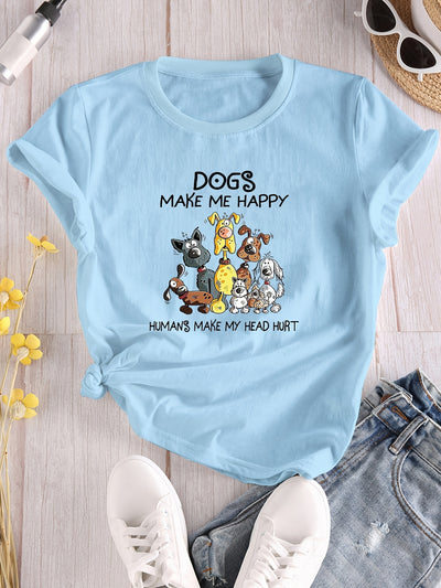 Casual and Trendy: Cartoon Dog Print Crew Neck T-Shirt for Fashionable Summer Looks