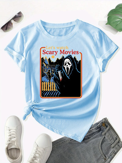 Horrific Halloween Crew Neck T-Shirt: Unleash Your Spooky Side this Halloween with our Casual Short Sleeve T-Shirt for Women