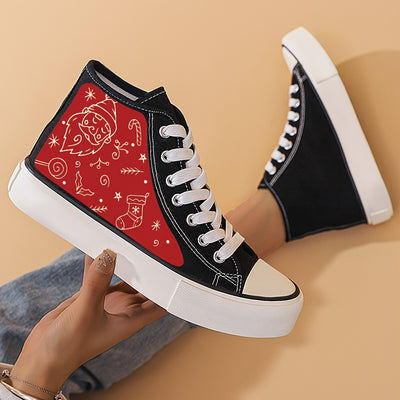 Festive Fashion: Women's Christmas Pattern Canvas Shoes – Casual High Top Outdoor Shoes for Comfortable Holiday Style