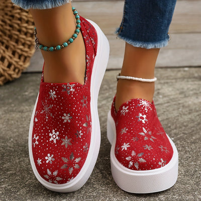 Stylish and Secure: Trendy Red Snowflake Pattern Skate Shoes - Lightweight, Non-Slip Sport Shoes for Women