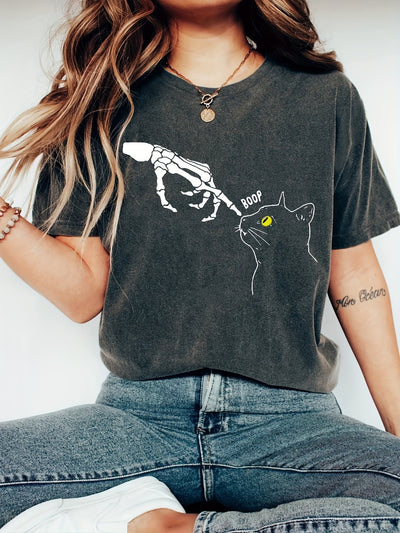 Edgy and Chic: Skeleton Hand Cat Print T-Shirt - A Must-Have for Spring/Summer!