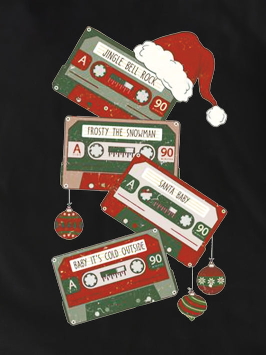 Festive Vibes: Christmas Hat Radio Tape Print T-Shirt - The Perfect Casual Top for Spring/Summer Women's Clothing