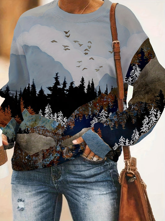 Stay warm and fashionable with our Cozy and Stylish Landscape Print Pullover Sweatshirt. Perfect for fall and winter, our sweatshirt features a unique landscape print and comfortable fit. Stay stylish and cozy all season long with this must-have addition to your wardrobe.