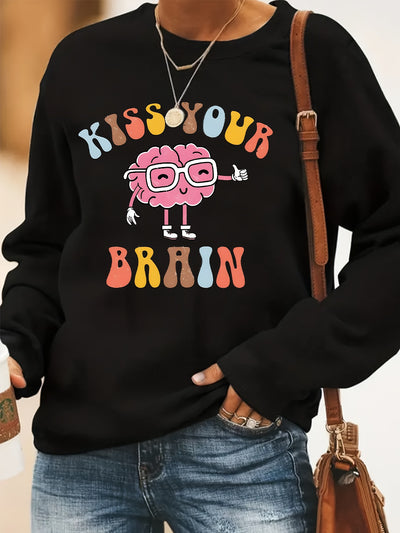 Cute and Comfortable Brain Letter Print Pullover: Women's Long Sleeve Crew Neck Sweatshirt