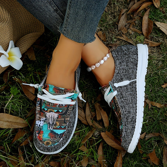 Trendy Cow Head and Geometric Women's Canvas Shoes - Lightweight Lace Up Low Top Walking Shoes