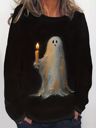 This plus-size Halloween Sweatshirt is a must-have. Featuring a cute ghost and candle print, it's made from a comfortable fabric with a slight stretch for improved fit. Make a statement this Halloween!