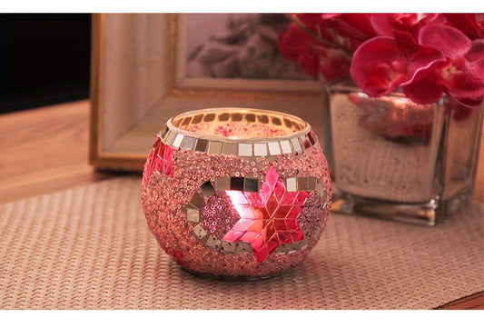 Introducing the Colorful Mosaic Glass Hexagon Flower Candle Holder, the perfect centerpiece for candlelight dinners, photo shoots, and special events. Made with vibrant mosaic glass, this holder brings a pop of color to any setting. Add a touch of elegance and ambiance to your next gathering.
