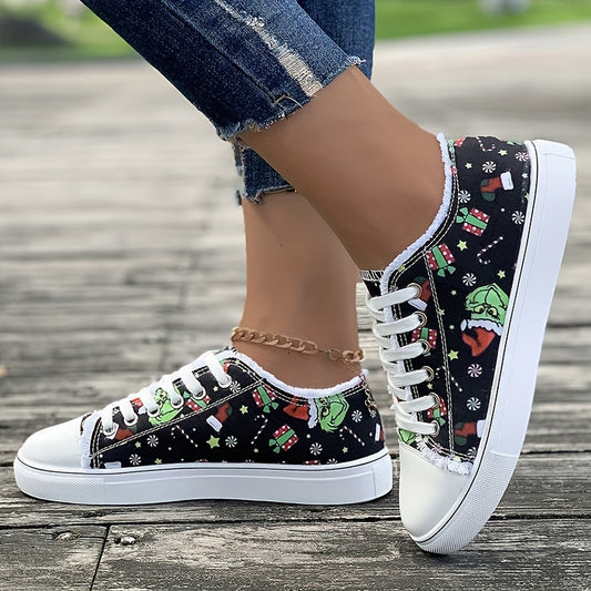 Step into Festive Fun with Women's Elf-Printed Canvas Sneakers: Casual Christmas Flat Shoes