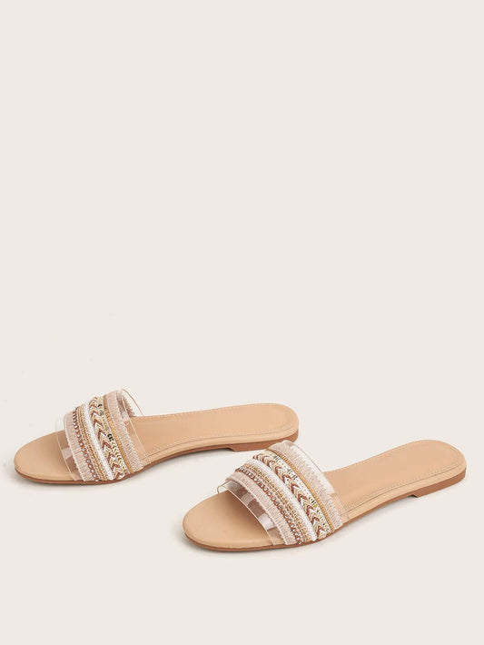 Fashionable Apricot Slide Sandals with Faux Pearl and Rhinestone Detail