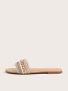 Fashionable Apricot Slide Sandals with Faux Pearl and Rhinestone Detail