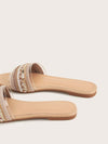 Fashionable Apricot Slide Sandals with Faux Pearl and Rhinestone Detail