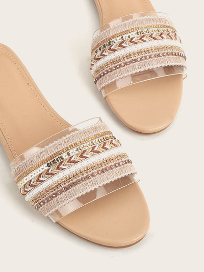 Fashionable Apricot Slide Sandals with Faux Pearl and Rhinestone Detail