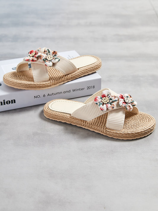 Chic Colorblock Flower Decor Cross Strap Slides: Step Into Style