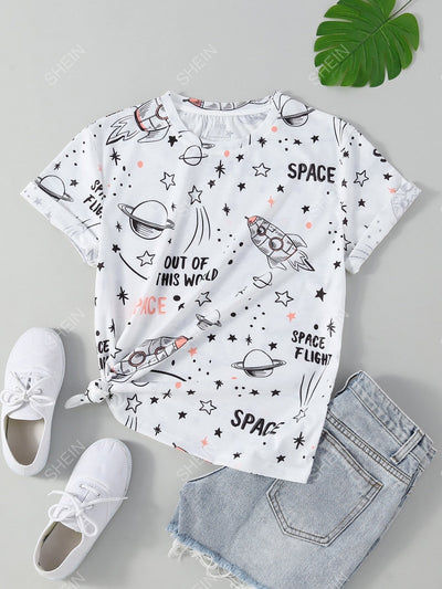 Elevate your style to new heights with our Quirky and Cute Rocket Print Tee. This out-of-this-world design is perfect for those who want to stand out. Made with high-quality materials, it's not only stylish but also comfortable. Get ready to rocket your fashion game with this unique tee.