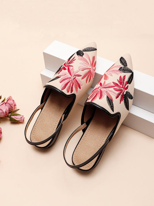 Chic and Comfortable: Women's Floral Embroidered Point Toe Slingback Flats