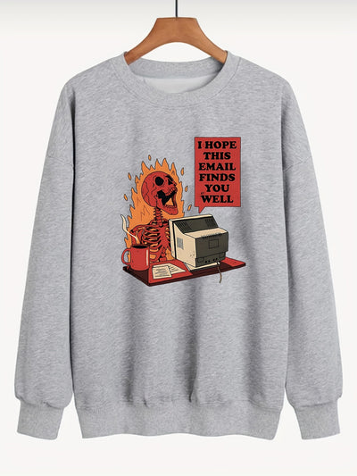 Funny Skull Slogan Print Sweatshirt: Perfect Plus-Size Halloween Casual Wear with Long Sleeve & Round Neck