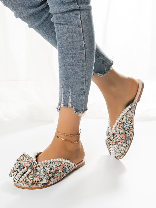 Chic Bow and Faux Pearl Mule Flats: Stylish Multi-Colored Printed Women's Shoes