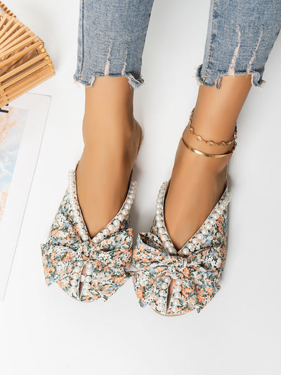 Chic Bow and Faux Pearl Mule Flats: Stylish Multi-Colored Printed Women's Shoes