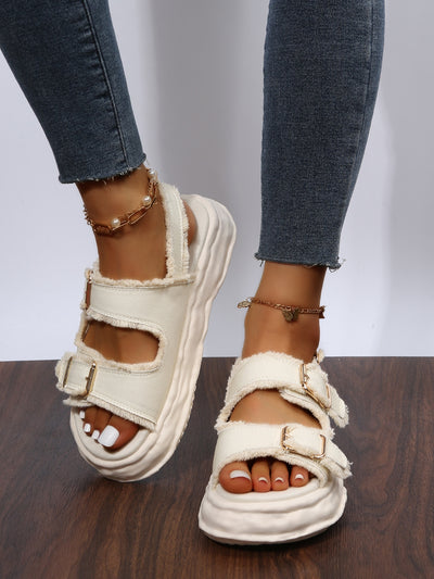 Light Blue Beach Double Buckle Flat Sandals: Stylish Slip-on Footwear for Fashion-Savvy Women