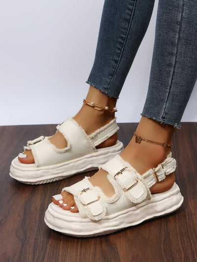 Light Blue Beach Double Buckle Flat Sandals: Stylish Slip-on Footwear for Fashion-Savvy Women