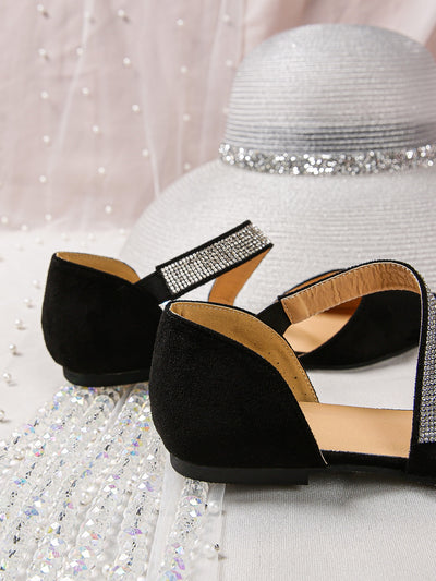 Sparkling Rhinestone Strappy Flats: Black Suedette with Fashionable Contrast Color