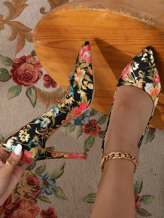 Multicolor Floral Pattern Point Toe Court Pumps: Fashionable High Heel Shoes for Women