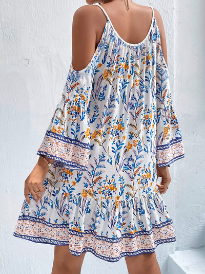 Garden Dreaming: Women's Off-Shoulder Floral Print Trumpet Sleeves Dress