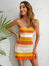 Stay Stylish and Chic with Our Summer Beach Color Block Lettuce Trim Pointelle Knit Tube Sweater Dress!