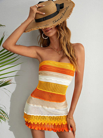 Stay Stylish and Chic with Our Summer Beach Color Block Lettuce Trim Pointelle Knit Tube Sweater Dress!