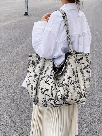 Nature-Inspired Plant Pattern Shoulder Tote Bag